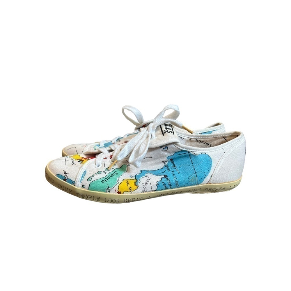 Vintage 80's NO FRILLS Low Top Sneaker Map Graphic Lace Up 6.5 Global